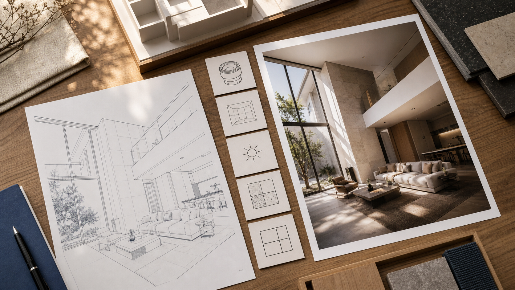 Original guide image showing an architectural sketch becoming a professional interior photograph