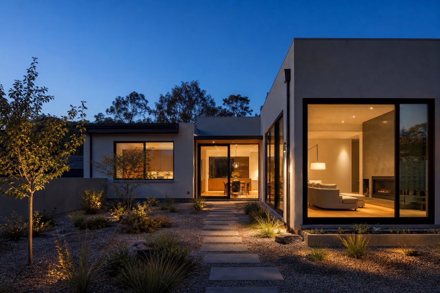 Blue-hour courtyard house exterior with warm interior glow and balanced exposure