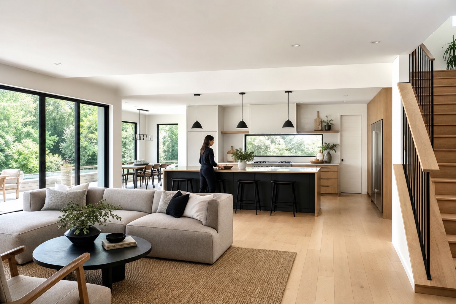 Bright open-plan family room and kitchen with simple styling and a realistic scale figure