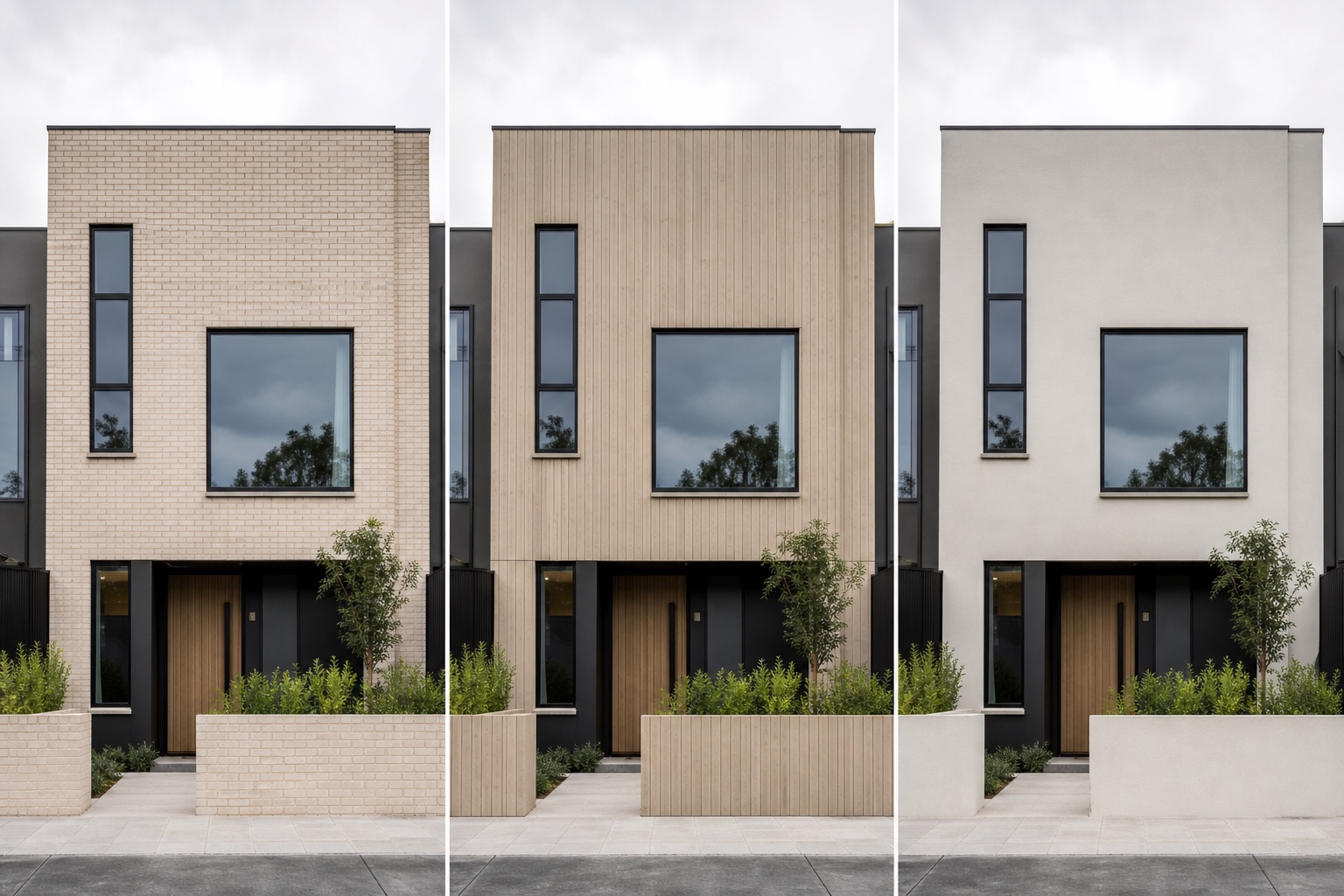 Three townhouse facade material options shown with the same straight-on camera and consistent exposure