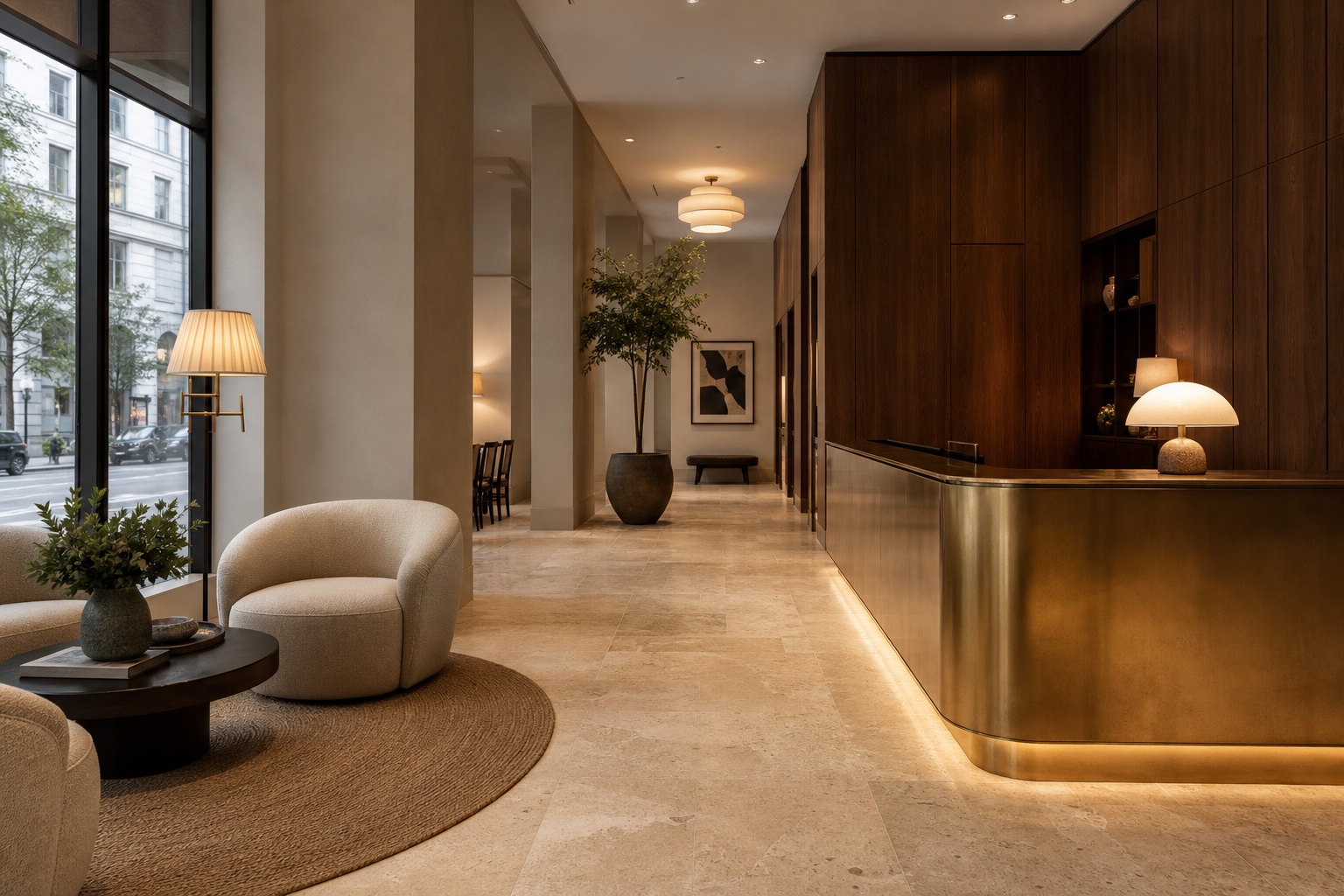 Boutique hotel lobby with warm practical lights balanced against daylight