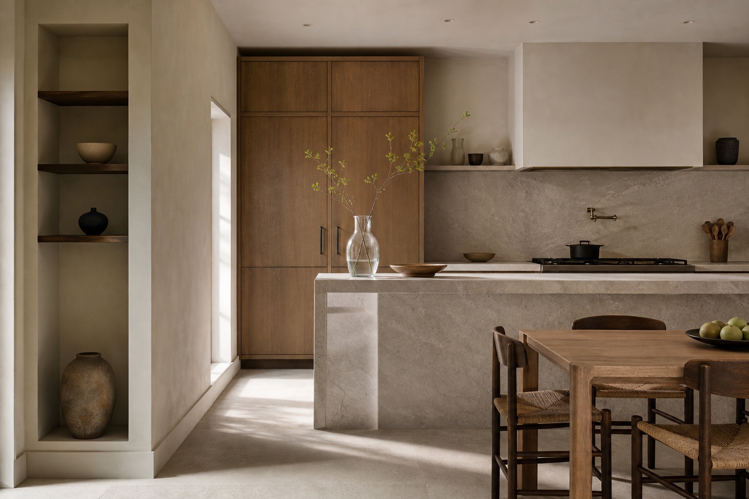 Kitchen and dining corner with directional morning window light and natural shadows
