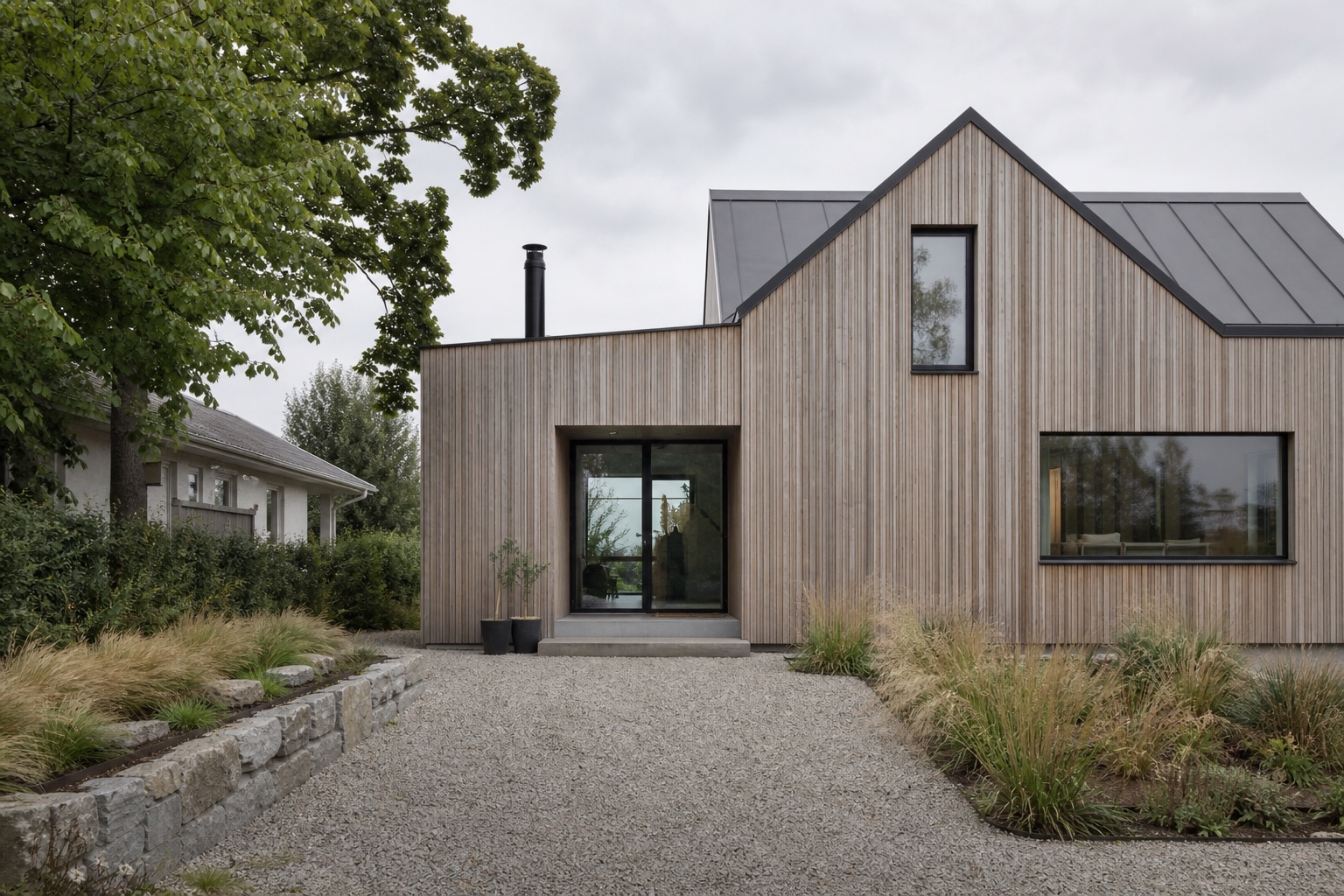Minimal Scandinavian house exterior with timber cladding under cloudy daylight